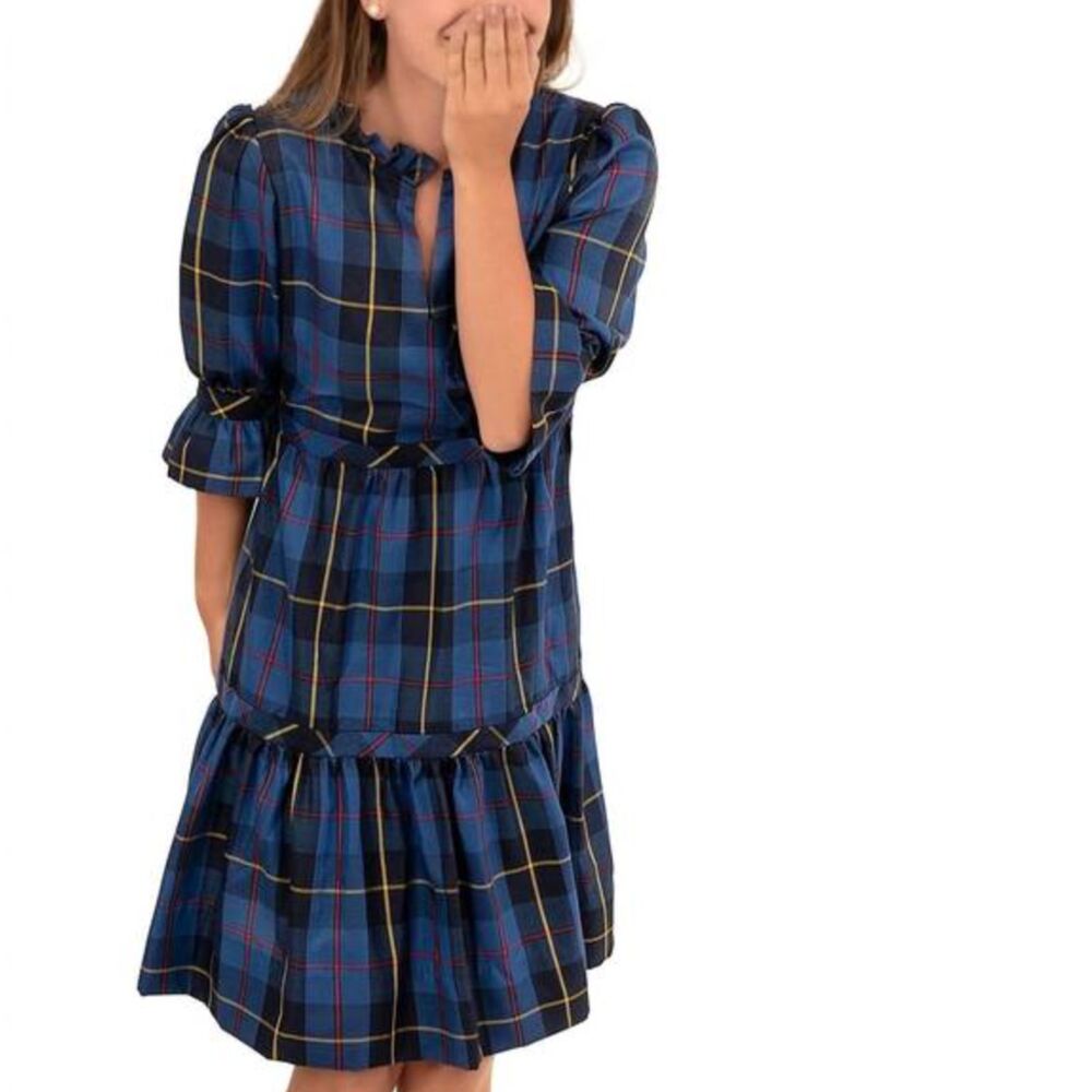 NWT Gretchen Scott‎ Teardrop Blue Multi Plaid Dress Small Ruffle Pockets Preppy